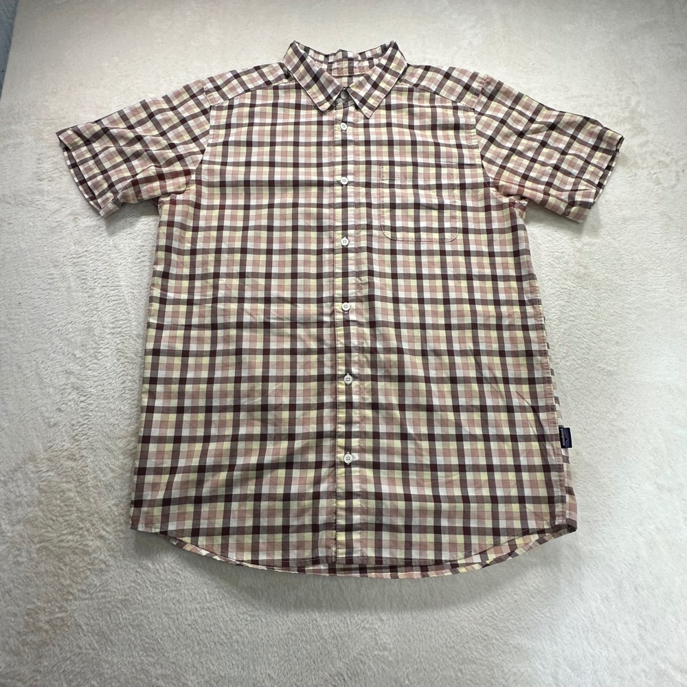 Patagonia Mens Large Brown Tan Plaid Organic Cotton Short Sleeve Button Down